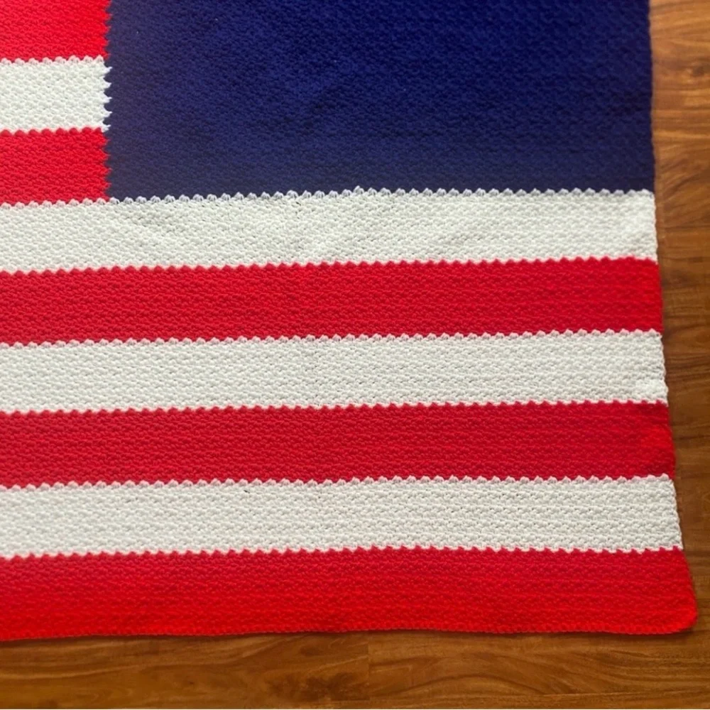 Vintage Handmade Red White Blue Yarn American Flag Crochet Afghan 69